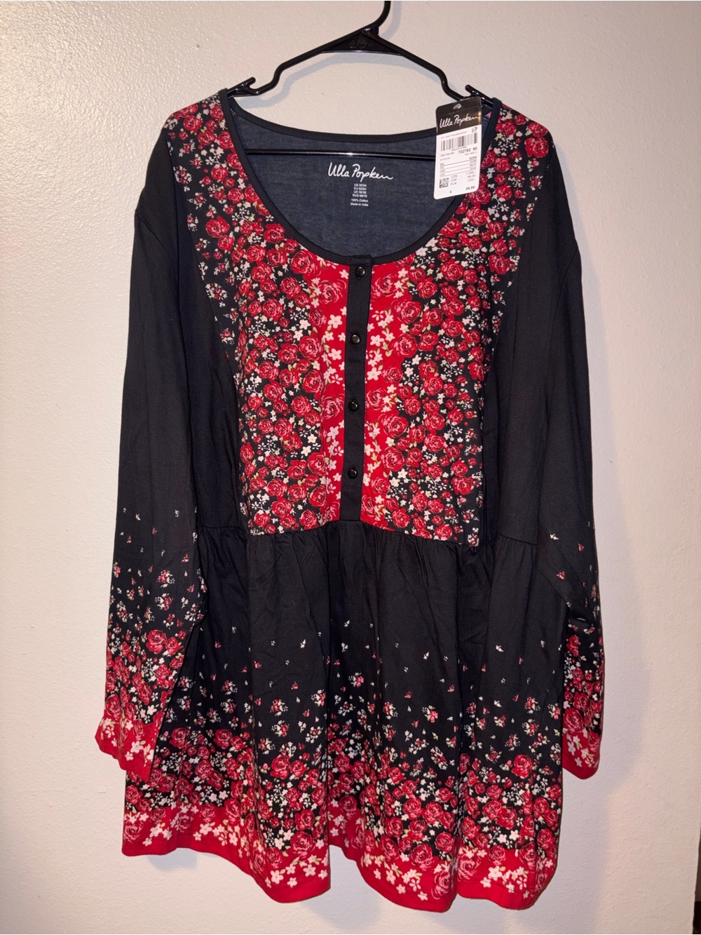 Ulla Popken Black and Red Floral Plus size Button-Front Tunic shirt